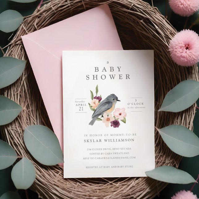 Invitation C'est un Baby shower de nid d'oiseaux floraux (It's A Girl Floral Bird's Nest Baby Shower Invitation)