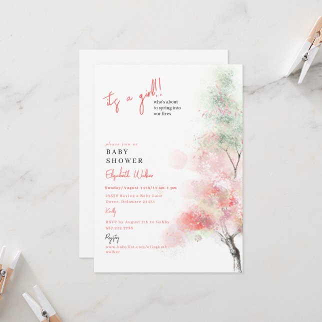 Invitation C'est un Baby shower de printemps pour filles (Devant/Arrière en situation)