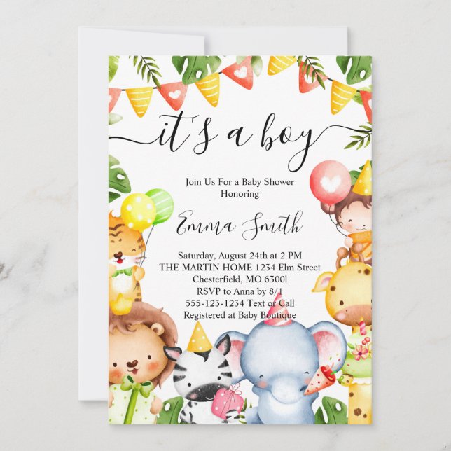 Invitation C'est un Baby shower de Safari de la Jungle Garçon (Devant)