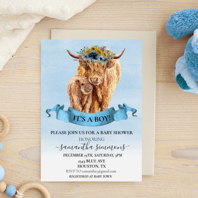Invitation C'est un Baby shower de vache de Boy Blue Highland (Créateur téléchargé)
