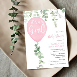 Invitation C'est un baby shower d'eucalyptus en ballon rose f