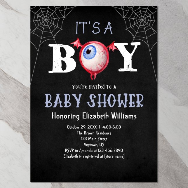 Invitation C'est un Baby shower d'Halloween Monster Garçon (Front)