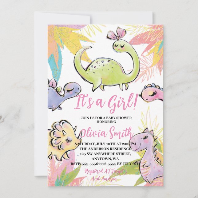 Invitation C'est un Baby shower Dinosaure d'aquarelle pour fi (Devant)