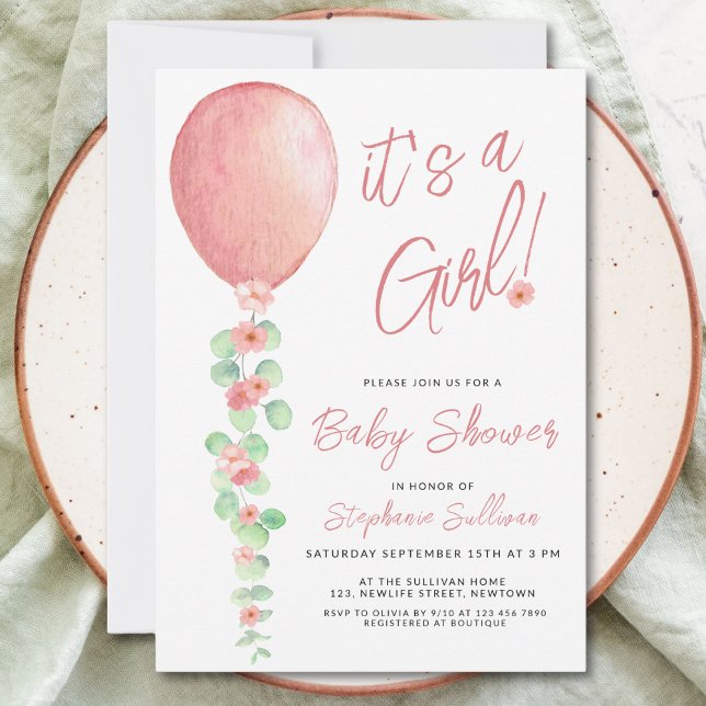 Invitation C'Est Un Baby shower Fille Balloon Eucalyptus (Créateur téléchargé)