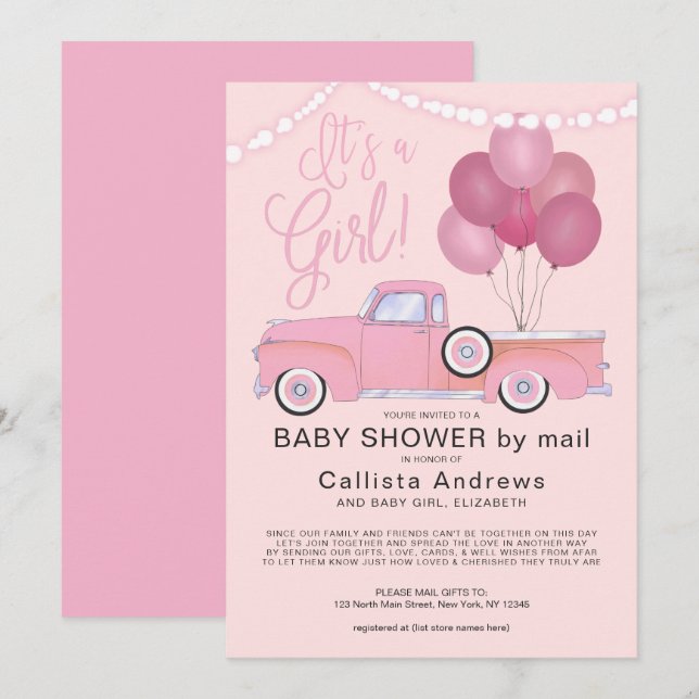 Invitation C'est un Baby shower Fille Pink Truck Balloons (Devant / Derrière)