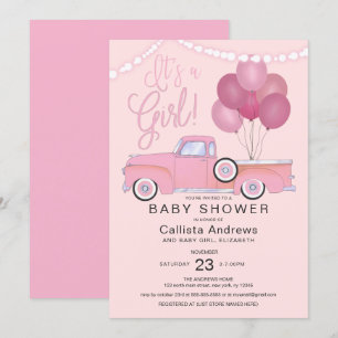 Invitation C'est un Baby shower Fille Pink Truck Balloons