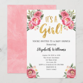 Invitation C'est un Baby shower Fleurs d'Aquarelle rose Fille