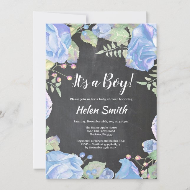 Invitation C'est un Baby shower floral bleu garçon Chalkboard (Devant)
