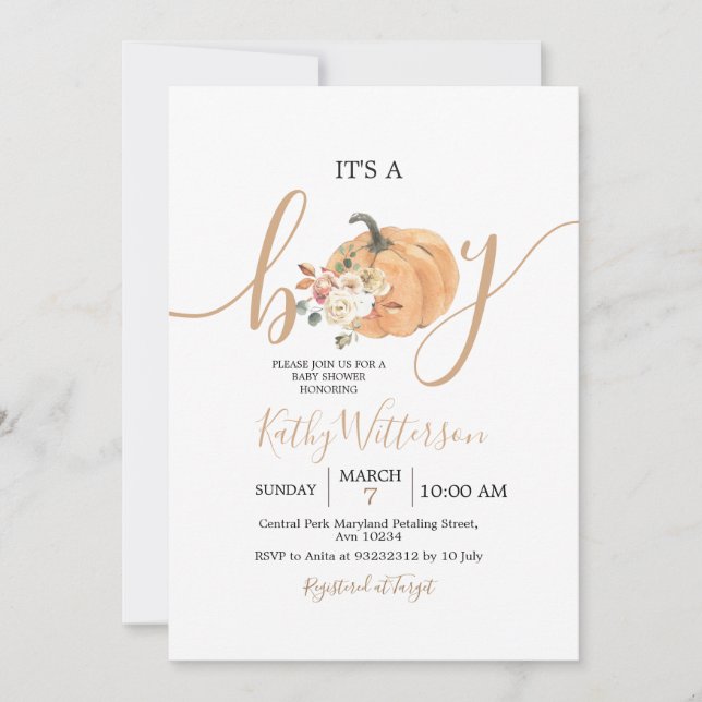 Invitation C'est un Baby shower Floral Citrouille Orange Garç (Devant)