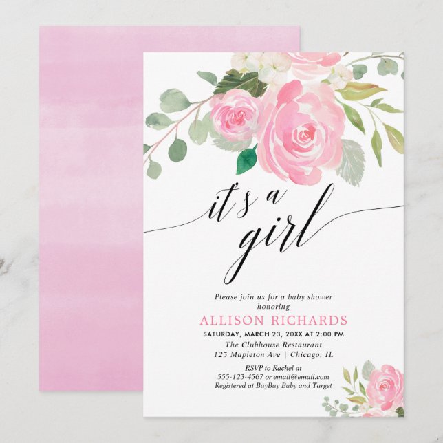 Invitation C'est un baby shower floral couleur rose fille (Devant / Derrière)
