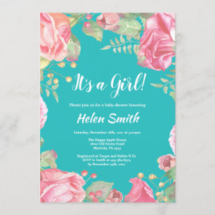 Invitation C'est un Baby shower floral rose fille Turquoise