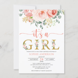Invitation C'est un Baby shower floral rose rose or fille 