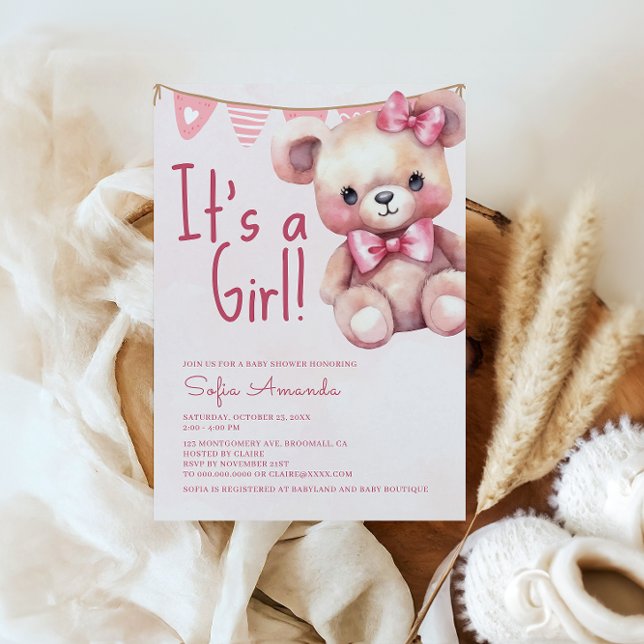 Invitation C'est un Baby shower rose de fille Teddy Bear (Créateur téléchargé)