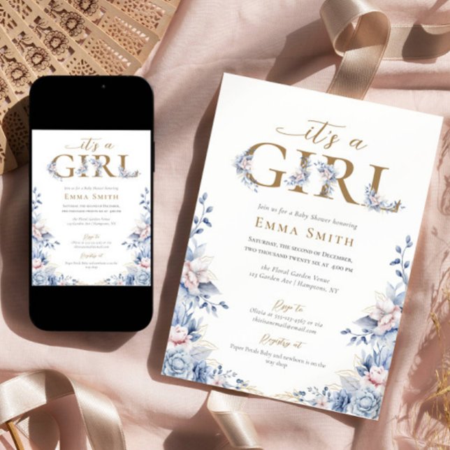 Invitation C'est un Baby shower rose de Girl Gold Blue (Créateur téléchargé)
