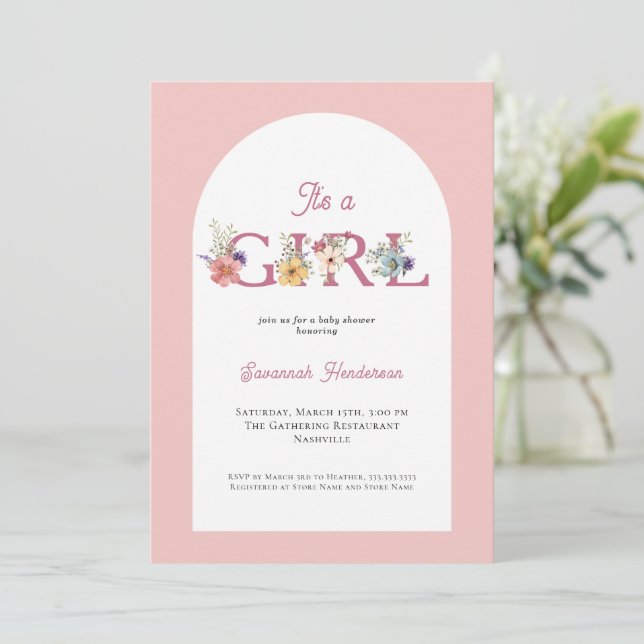 Invitation C'est un Baby shower rose doux floral (Debout devant)