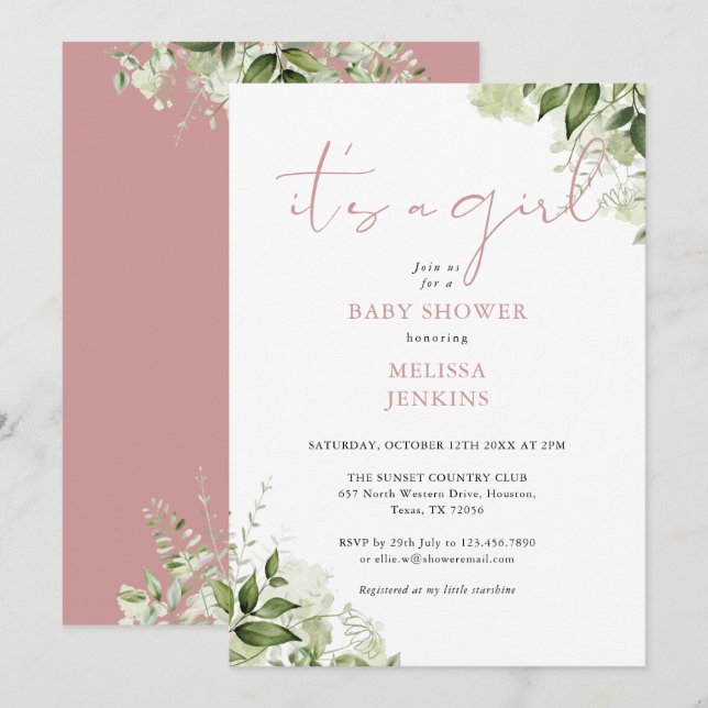 Invitation C'Est Un Baby shower Verdoyant Rose Dusty (Devant / Derrière)