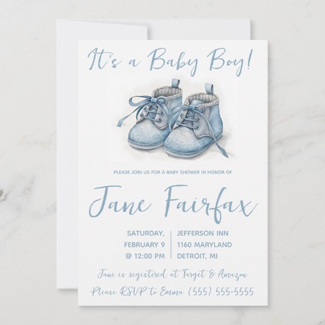 Invitation C'est un bébé garçon ! Baby shower Blue Baby Shoes (Devant)