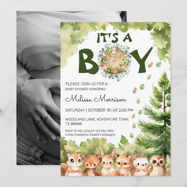 Invitation C'est Un Boy Woodland par SFD Baby Boy Shower (Devant / Derrière)