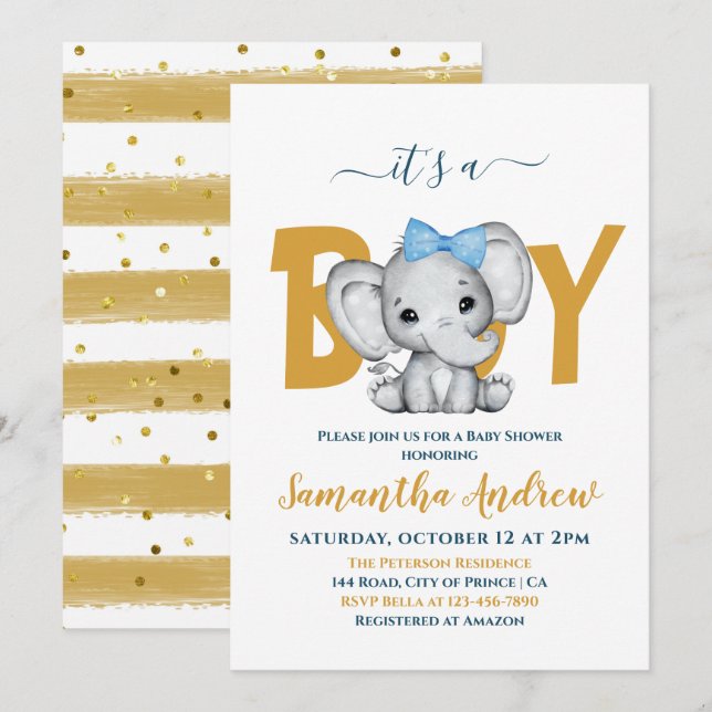 Invitation C'est un garçon adorable Baby Elephant Baby shower (Devant / Derrière)