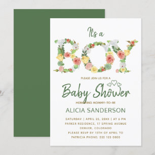 Invitation C'est un garçon alphabet floral script shower de b