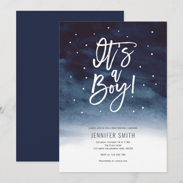 Invitation C'est un garçon, aquarelle, baby shower d'hiver (Devant / Derrière)