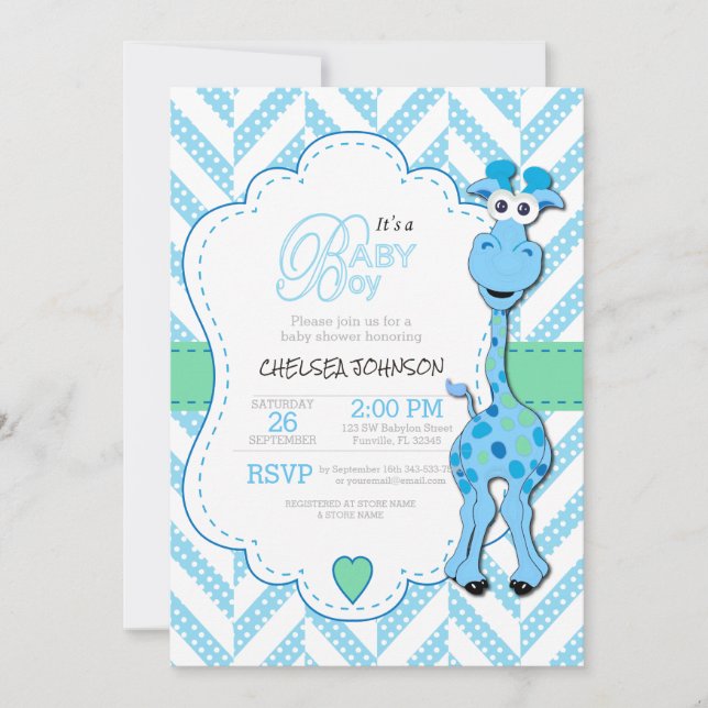 Invitation C'est un garçon - Baby Blue Giraffe - Baby shower (Devant)