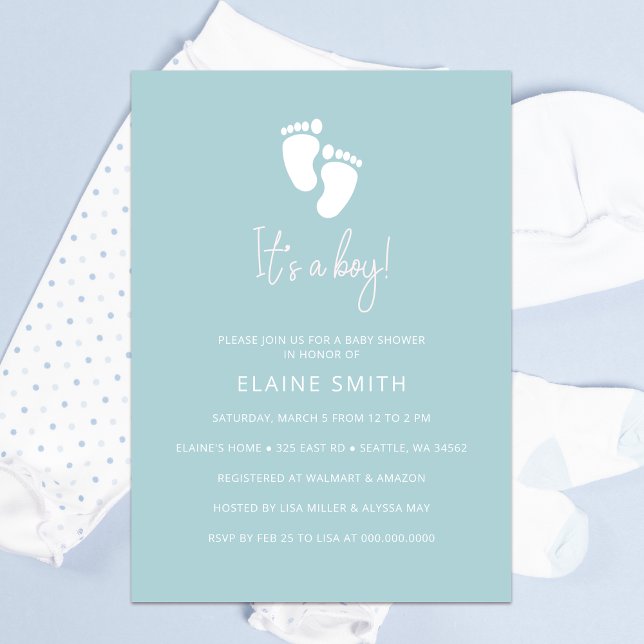 Invitation C'est un garçon Baby Footprint Baby shower garçon  (Its a Boy Baby Footprint Cute Blue Boy Baby Shower Invitation)