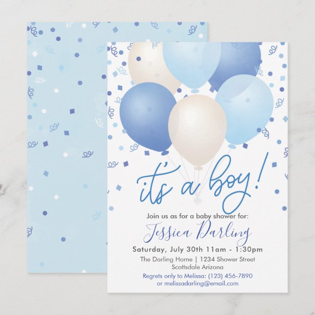 Invitation C'est un garçon Baby Shower Ballons bleus et Confe (Devant / Derrière)