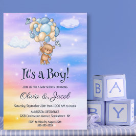 Invitation C'est un garçon ! Baby shower Ballons Bleus Ours T