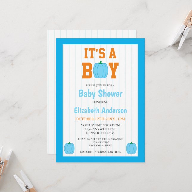 Invitation C'est un garçon Baby Shower citrouille (Devant/Arrière en situation)
