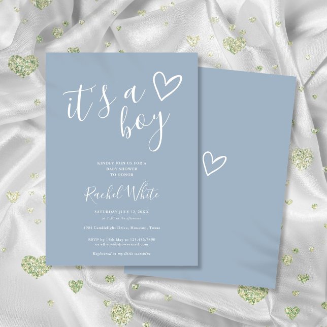 Invitation C'est un garçon Baby shower Coeur Dusty Blue Minim (It's A Boy Baby Shower Heart Dusty Blue Minimalist Invitation)