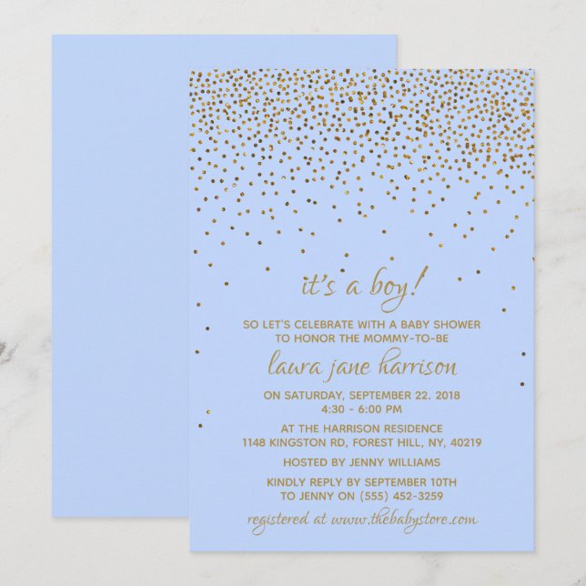 Invitation C'est un garçon ! Baby shower Confetti bleu et or (Devant / Derrière)