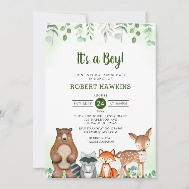 Invitation C'est un garçon baby shower d'animaux forestiers (Devant)