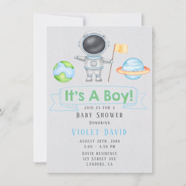 Invitation C'est un garçon Baby shower de garçon spatial (Devant)