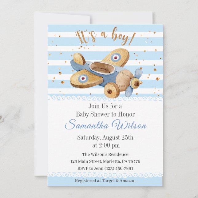 Invitation C'est un garçon ! Baby shower de jouets d'avion vi (Devant)