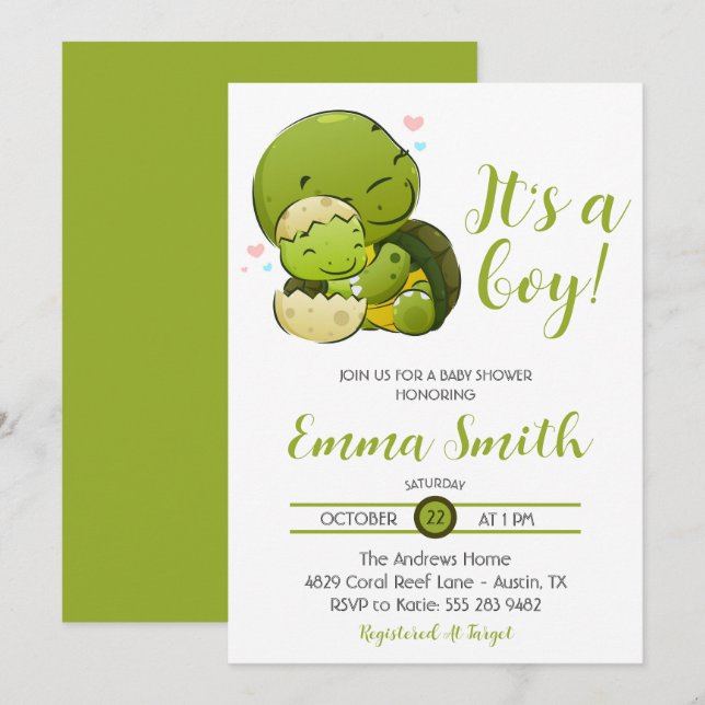 Invitation C'est un garçon Baby shower de tortue de mer Invit (Devant / Derrière)