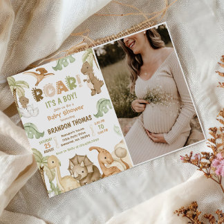 Invitation C'est un garçon Baby shower Dinosaure aquarelle Ph