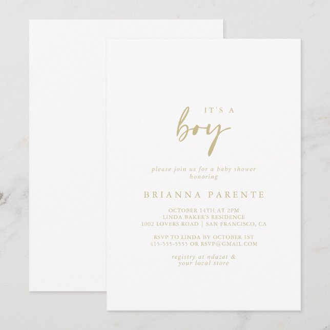 Invitation C'est un garçon Baby shower d'or moderne et élégan (Devant / Derrière)