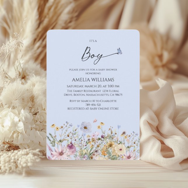 Invitation C'est un garçon Baby shower Floral bleu doux (Créateur téléchargé)