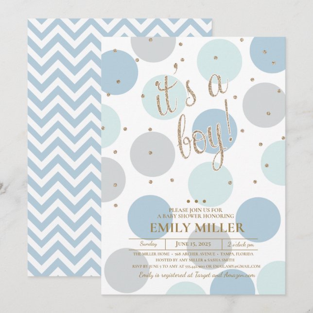 Invitation C'est un garçon - Baby shower gris, turquoise et b (Devant / Derrière)