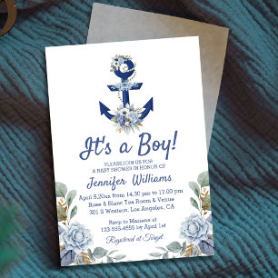 Invitation c'est un garçon, baby shower nautique bleu fleuri