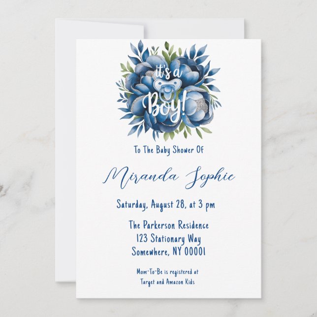 Invitation C'est un garçon ! Baby shower Pacifique et pivoine (Devant)