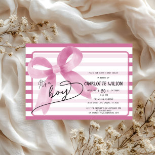 Invitation C'est un garçon Baby Shower Rose Ruban Rayures Mig