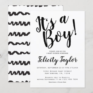 Invitation C'est un garçon Baby shower Typographie noir blanc