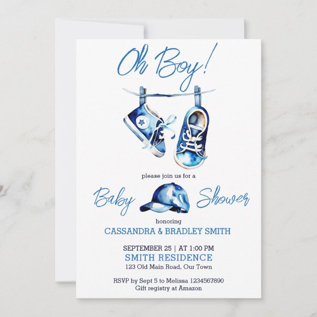 Invitation C'est un garçon bleu bébé chaussures un casquette  (Devant)