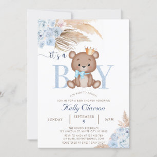 Invitation C'est un GARÇON Bleu Pampas Grass Boho Teddy Bear 