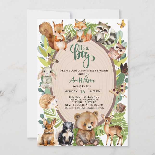 Invitation c'est un garçon boisé animaux baby shower forestie (Devant)