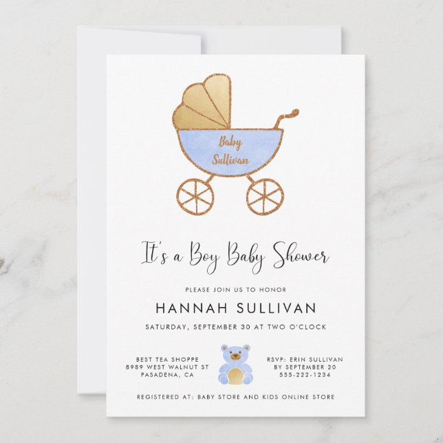 Invitation C'est un Garçon Carriage Blue Gold Aquarelle Douch (Devant)