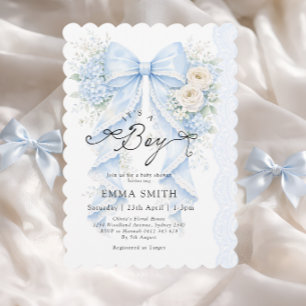 Invitation C'est un garçon Cérémonie de bébé ruban bleu flora
