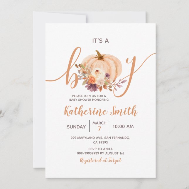 Invitation C'est un garçon Citrouille Rustic Floral Baby show (Devant)